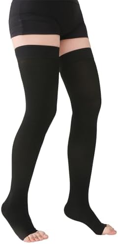 MGANG Medical Thigh High Compression Stockings for Men & Women, Pair, Open Toe, 15-20 mmHg Graduated Compression Support Hose, Opaque, Best for Varicose Veins, Edema, Flight, DVT, Swelling, Black L