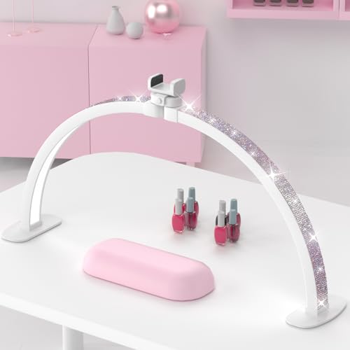 Update Large Half Moon Light for Nail Desk, Foldable 29in Nail Light for Desk with Phone Holder, Adjust Brightness 3000K?6000K, for Eyelash Tech,Salon (Iridescent Diamond)
