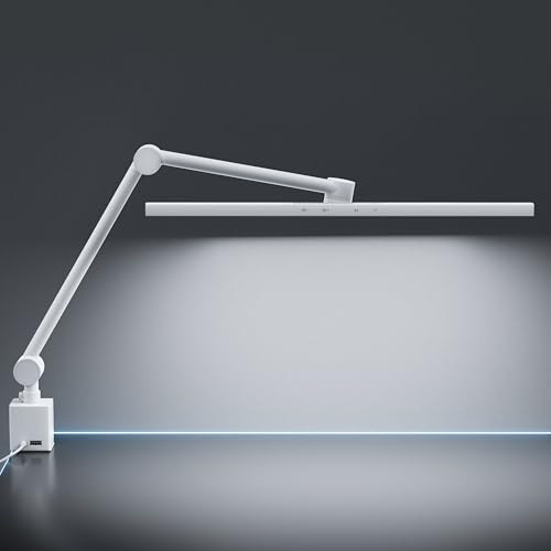 deeloop 2-Arms Swing Long LED Desk Lamp with Clamp, CRI 95+ Eye-Caring Light, USB Charging Output, 2-Hour Timer, Dimmable Desk Light with Memory, Architect Desk Lamps for Home Office Reading &Monitor