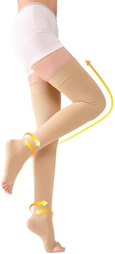 TOFLYÂ® Thigh High Compression Socks for Women & Men (Pair), Open Toe, Opaque, Firm Support 30-40mmHg Graduated Compression Hose, Medical Compression Stockings for Varicose Veins, Edema, DVT, Beige 5XL