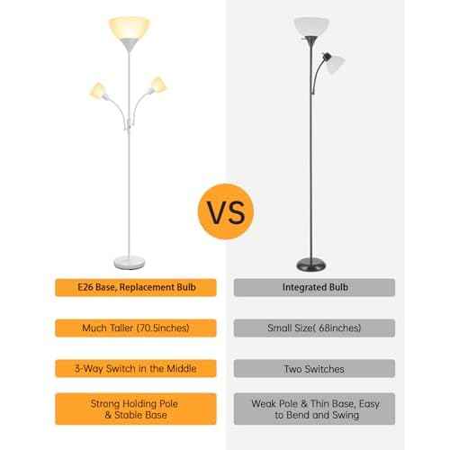 Floor Lamp, Torchiere Floor Lamps for Living Room, 71 Inch Tall Standing Lamp, Bedroom Lamps with Gooseneck Light, Rotary Switch, 3 Plastic Lampshade, Torch Floor lamps for Bedroom (White, No Bulb)