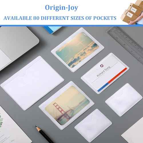Origin-Joy 60 PCS Self Adhesive Index Card Pockets with Top Open, Clear Plastic Label Holder for Notes, Library and Business, Adhesive Label Pockets & Holder (11 x 8.5 inch)