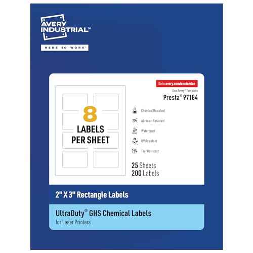 Avery UltraDuty GHS Labels, Waterproof, 2 X 3 White Rectangle Labels, 200 Total, Use with Laser Printers