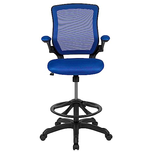 Flash Furniture Kale Mid-Back Blue Mesh Ergonomic Drafting Chair | Adjustable Foot Ring, Flip-Up Arms