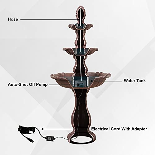 XBrand 3-Tier Freestanding Waterfall Fountain w/Pump & Pineapple Top, 51 Inch Tall, Brown, Large Outdoor Garden Fountain, Ideal for Garden, Porch, and Lawn