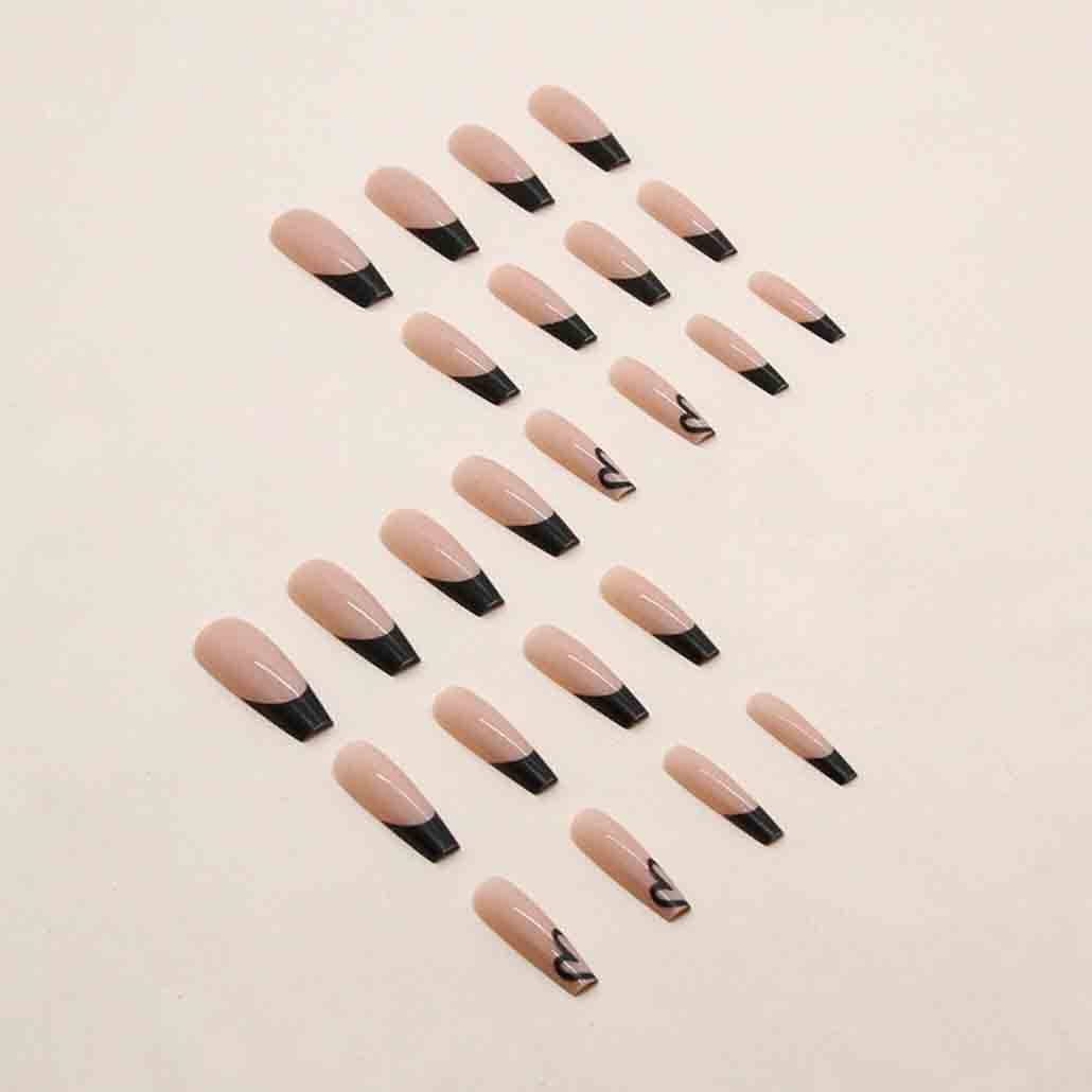 Foccna Black Press on Nails Artificail Extra Long, Coffin Fake Nails with LOVE Acrylic Full Cover Long Fake Nails with Design Nail Tips for Women&Girls,24PCS