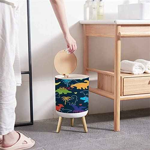 Small Trash Can with Lid Seamless Colorful Dinosaurs Dinosaur Silhouette Round Recycle Bin Press Top Dog Proof Wastebasket for Kitchen Bathroom Bedroom Office 7L/1.8 Gallon