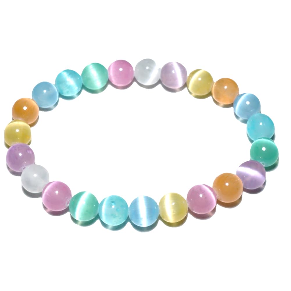 TaHLga 8mm Rainbow Selenite Bracelet - Iridescent Natural Crystal | Handmade Meditation Bracelet with Cat-Eye Effect | Come with Beading Tool Kit - Adjustable to 6.5-7.5 inches Wrist Size
