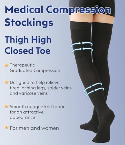 Thigh High Compression Stockings Closed Toe for Men & Women, Opaque, KEKING 15-20mmHg Graduated Compression Leg Support Hose with Silicone Band - Swelling, Varicose Veins, Edema, DVT, Black Large