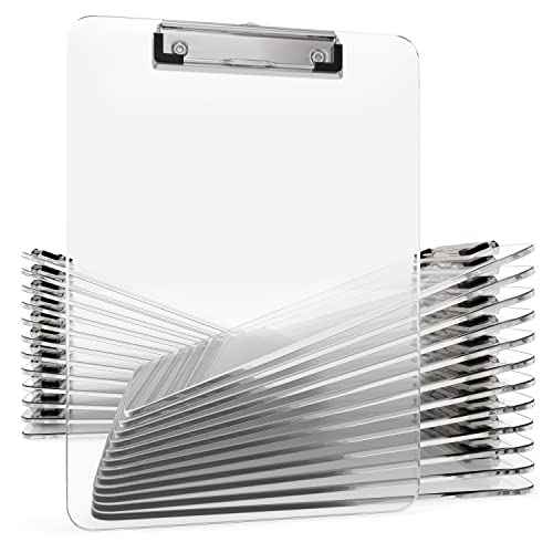 25 Pack Transparent Plastic Clipboards Bulk Acrylic Clear Clip boards with Low Profile Metal Clip Board 12.5 x 9 Inch Letter Size Clipboard Class Set for Classroom with Hanging Hook - Holds 100 Sheets