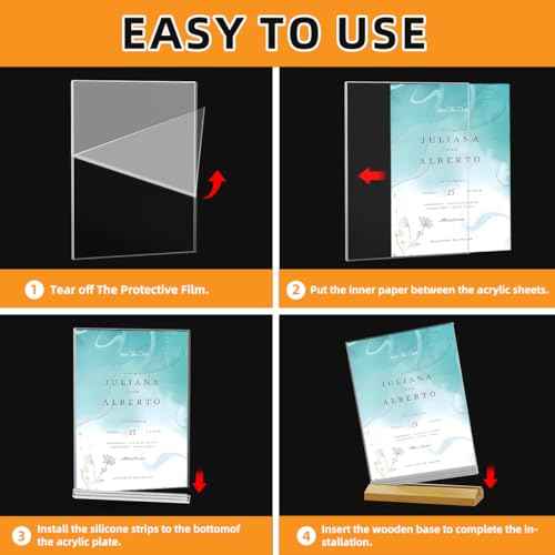 Acrylic Sign Holder 8.5 x 11 Inch 3 Pack, Wood Base Paper Stand for Menu Flyer Display, Table Top Clear Plastic Picture Frame for Stores, Restaurants, Hotels, Office, Farmers Market Show Fair Decor.