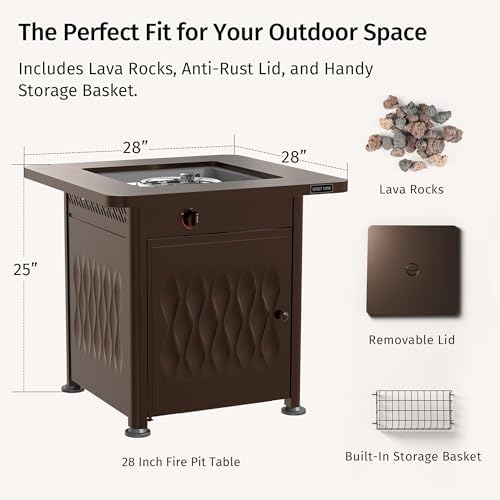 EAST OAK 28" Outdoor Propane Fire Pit Table | 52,000 BTU Gas Fire Pit Table for Outside with Magnetic Lid | Storage Basket & Lava Rocks | CSA Certified for Patio, Garden & Backyard | Black
