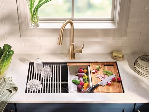 Moen Nolia Brushed Gold Kitchen Faucet with Soap Dispenser, Pull Down Sprayer with Power Boost, Transitional High Arc Kitchen Faucet, One-Handle Easy Installation, 87071BZG