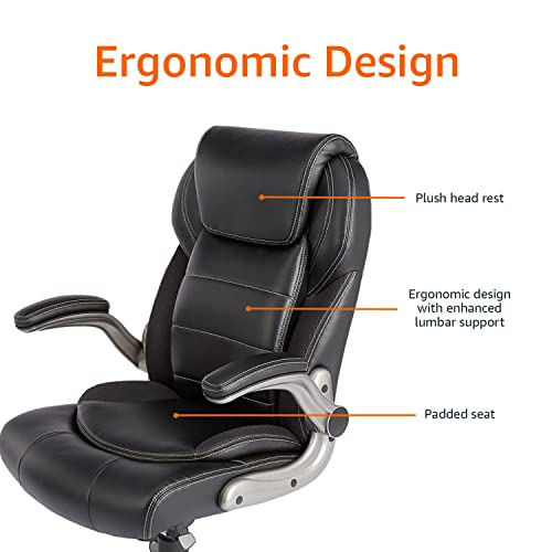Amazon Basics Ergonomic High-Back Office Chair with Flip-Up Arms, Adjustable Lumbar Support, Height Adjustable, 29.5"D x 27.5"W x 44.75"H, Black