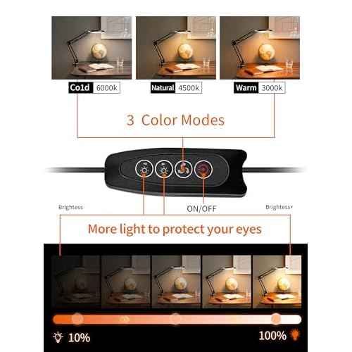 10X Magnifier Lamp with Clamp, 15" Adjustable Arm LED Desk Light with Real Glass Lens, 3 Color Modes, Bright Dimmable Lighting for Repair, Model Painting, Sewing, Reading