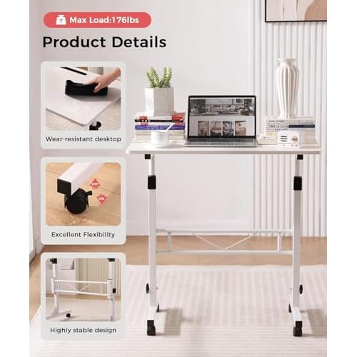 KLSMYHOKI Small Standing Desk with Wheels, Computer Desk Adjustable Height, White Rolling Stand Up Table, Portable Home Standing Desk 32 in X 16in Adjustable Height 27 in - 44 in