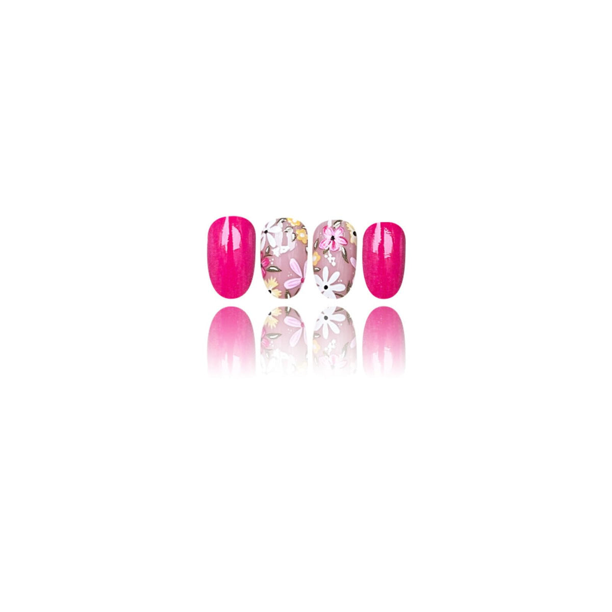 Floral Medium Oval Press on Nails Neon Pink Base Pastel Multi-color Floral Accents Glossy Finish Reusable Spring Nails Easy Fashion Party Wear Durable Trendy Women Girls Nail Art 24 Pcs