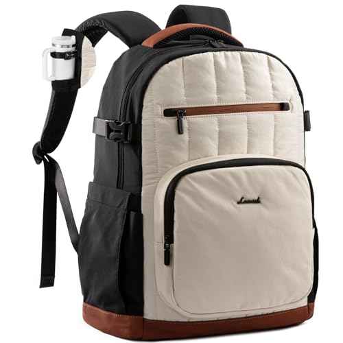 LOVEVOOK Laptop Backpack Women with Pouch Pocket for Large Capacity Cup,17 Inch Lightweight Puffer Computer Laptop Bag Travel Backpack Purse for Work College Teacher Personal Item,Black-White-Brown