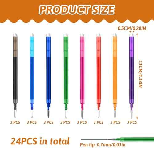0.7 mm Erasable Gel Ink Pen Refills Compatible with Frixion Friction, Smooth Writing Multicolor Retractable Fine Point Pen Refill for School Office Home Art (8 Colors, 24)