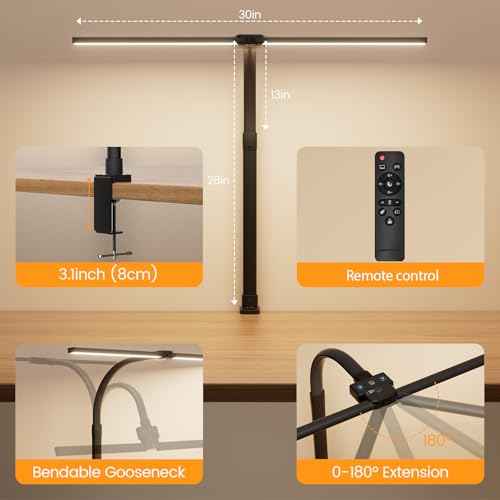 LED Desk Lamp for Home Office - 24W Computer Lamp with Remote Control, Dual Head Desk Light Bar with Clamp, 5 Color & Brightness Adjustable, Tall Flexible Task Monitor Lighting, Black