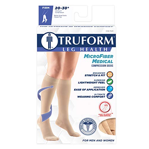 Truform 20-30 mmHg Medical Compression Stockings, Smooth Stretch Microfiber, Knee High, Closed Toe, Beige, Large