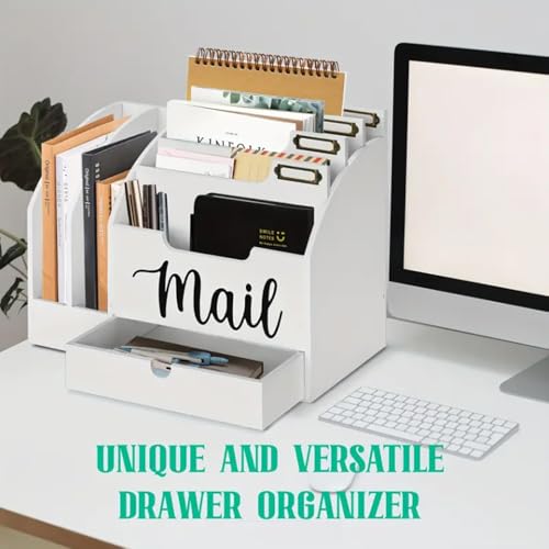 Wood Desktop Mail Organizer, Fantasyon Mail Organizer Countertop with 6 Compartments and Drawer, Wood Desk Drawer Organizer for File Letter Paper Folder, White