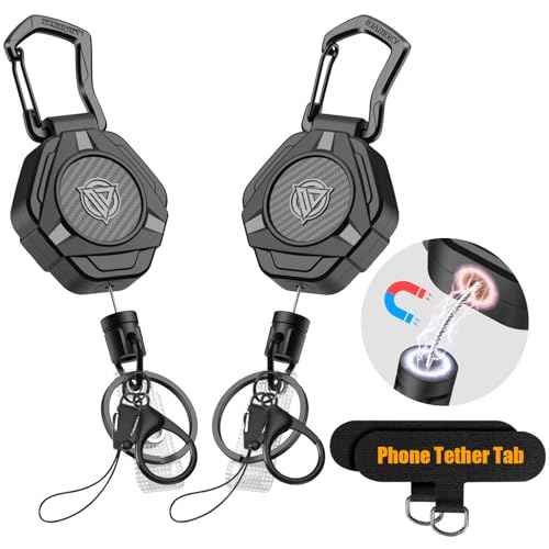 Oaridey Magnetic Retractable Keychain, Heavy Duty Carabiner Badge Holder with Phone Tether Tabs, Tactical ID Badge Reel with 31.8'' Coated Steel Cord and Lobster Clasp, Bearing 10.0 oz - 2 Pack