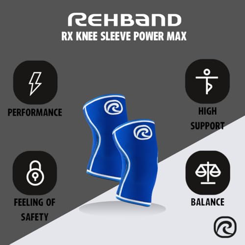 Rehband 7mm Power Max Knee Compression Sleeve for Strength Sports, Competition Grade, Neoprene Knee Sleeves for Bodybuilding & Heavy Powerlifting, Colour:Blue - 1 Pair, Size:Medium