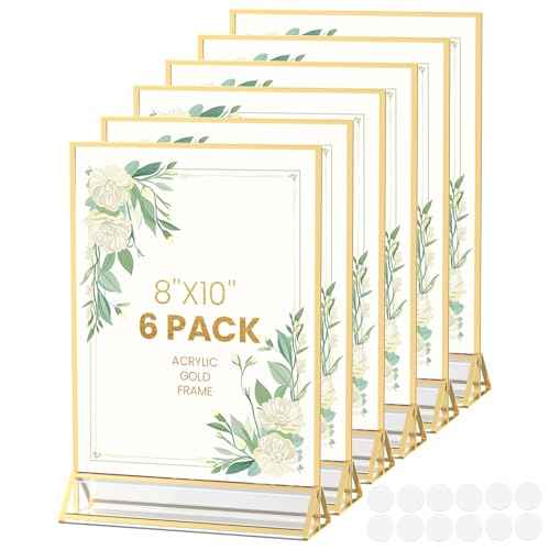 Gold Frames 8X10 Acrylic Sign Holder Double-Sided Picture Frames for Menu, Wedding Table Number, Christmas Photos With Removable Round Stickers - 6 Pack