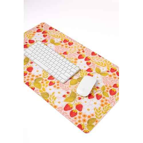 Elyse Breanne Design, Desk Pad Mat for Computer, Keyboard, Mouse, Desktop Protector, Non-Slip Rubber Backing, 15.5 x 35 inch, Large, Strawberry Patch