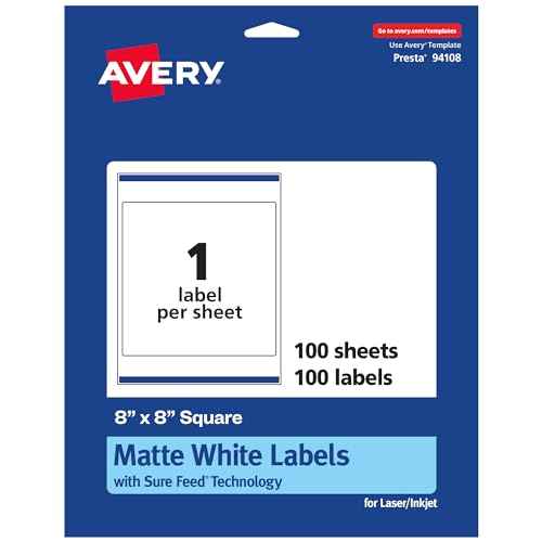 Avery Matte White Square Labels, Sure Feed Technology, 8" x 8", 100 Matte White Printable Labels