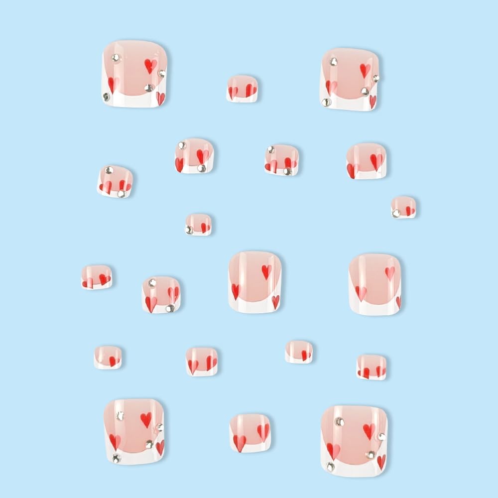White French Press on Toenails Short Square Fake Toenails Red Heart Toe Nail Tips French with Rhinestones False Toenails Full Cover Glossy Valentine's Day Decorations for Women 24Pcs