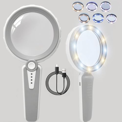 45X Magnifying Glass with Light, 4.6" Large Handheld Magnifier, 6 Color Modes, 1200mAh USB Rechargeable for Low Vision Seniors with Macular Degeneration, Reading, Jewelry, Coins - Grey