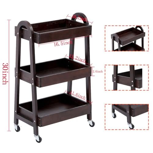 3-Tier Wooden Rolling Cart- Wooden Utility Cart wit Wheels- Utility Rolling Cart-Storage Trolley Organizer- Rolling Kitchen Cart Serving Cart for Office,Kitchen, Kids' Room (Walnut Color)