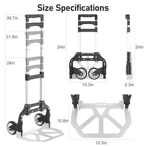 Folding Hand Truck - Aluminum Portable Dolly Cart with Telescopic Handle, Bungee Cord - Compact Lightweight Foldable Luggage Cart for Moving, Home, Auto, 180lbs, Black