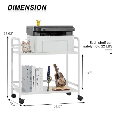HDANI 2 Tier Under Desk Printer Stand with Storage,Microwave Storage Rack,Metal Rolling Printer Cart with Wheels for Home Office,Utility Storage Cart and Stand,White