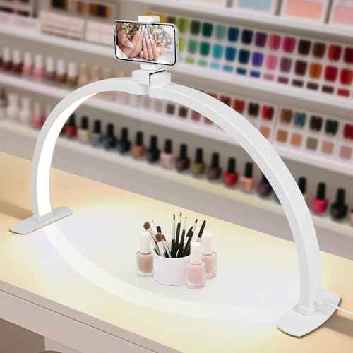 Half Moon Light for Mail Desk - 29" Foldable Arch Nail Desk Light for Nails Tech with Phone Holder, Professional LED Ring Nail Table Lamp for Manicure Salon Tattoo Eyebrows Beauty Lighting