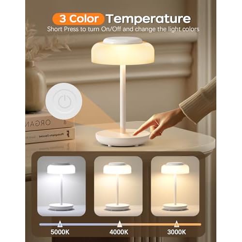 QiMH Battery Operated LED Table Lamp, 5000mAh Rechargeable Cordless Lamp Set of 2, Stepless Dimmable Touch Control, Small Waterproof Desk Night Light for Living Room, Bedroom, Outdoor Bar (White)