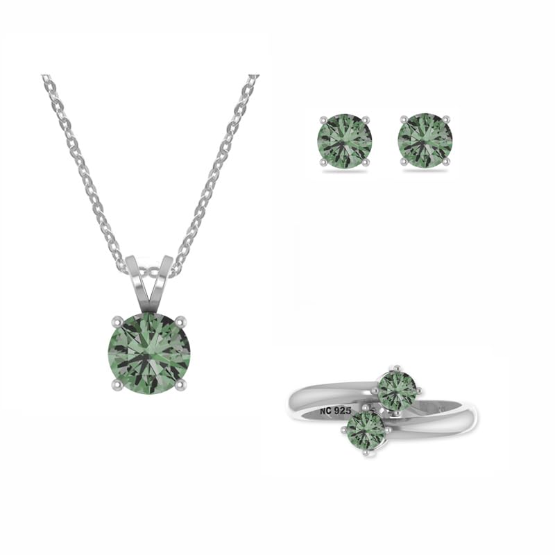 LUSTRE AND LIGHT Natural Green Tourmaline Jewelry Set for Women in Sterling Silver, October Birthstone Gifts for Her Birthday, Anniversary, Christmas (Necklace, Ring, Earrings)(Round, US-7)