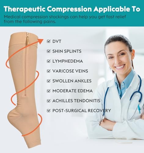 NURCOM Copper Compression Socks for Varicose Veins & Lymphedema, Zipper Compression Socks 20-30 mmHg Knee-High Open Toe Beige M, Relieve Swelling & Discomfort, Improve Circulation, DVT Prevention