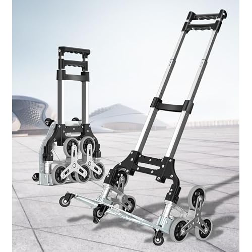 Stair Climbing Cart 180 lbs Capacity, Aluminum Portable Folding Cart with 24-41 inch Adjustable Handle Height, Stair Climbing Dolly with Universal Wheels & Elastic Ropes, for Shopping Moving Warehouse
