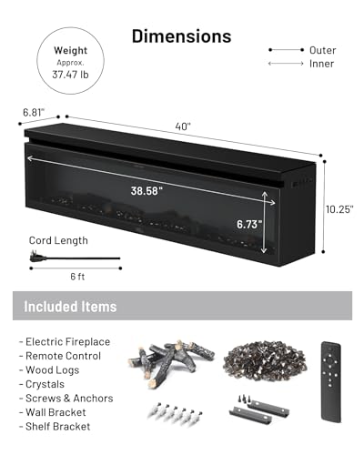 WALL FLAMEBAR Electric Fireplace Freestanding, Wall Mounted, Movable w/TV Stand – WiFi Enabled,750/1500W Heater, 1500 Flame Color Combinations, for Living Room or Bedroom, Modern 40" Wide