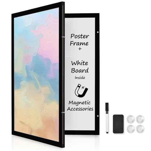 Black Frame Enclosed Whiteboard with Wooden Frame, Approx.16x11in Poster Frame and Functional Whiteboard for Office, Home(Poster Not Included)