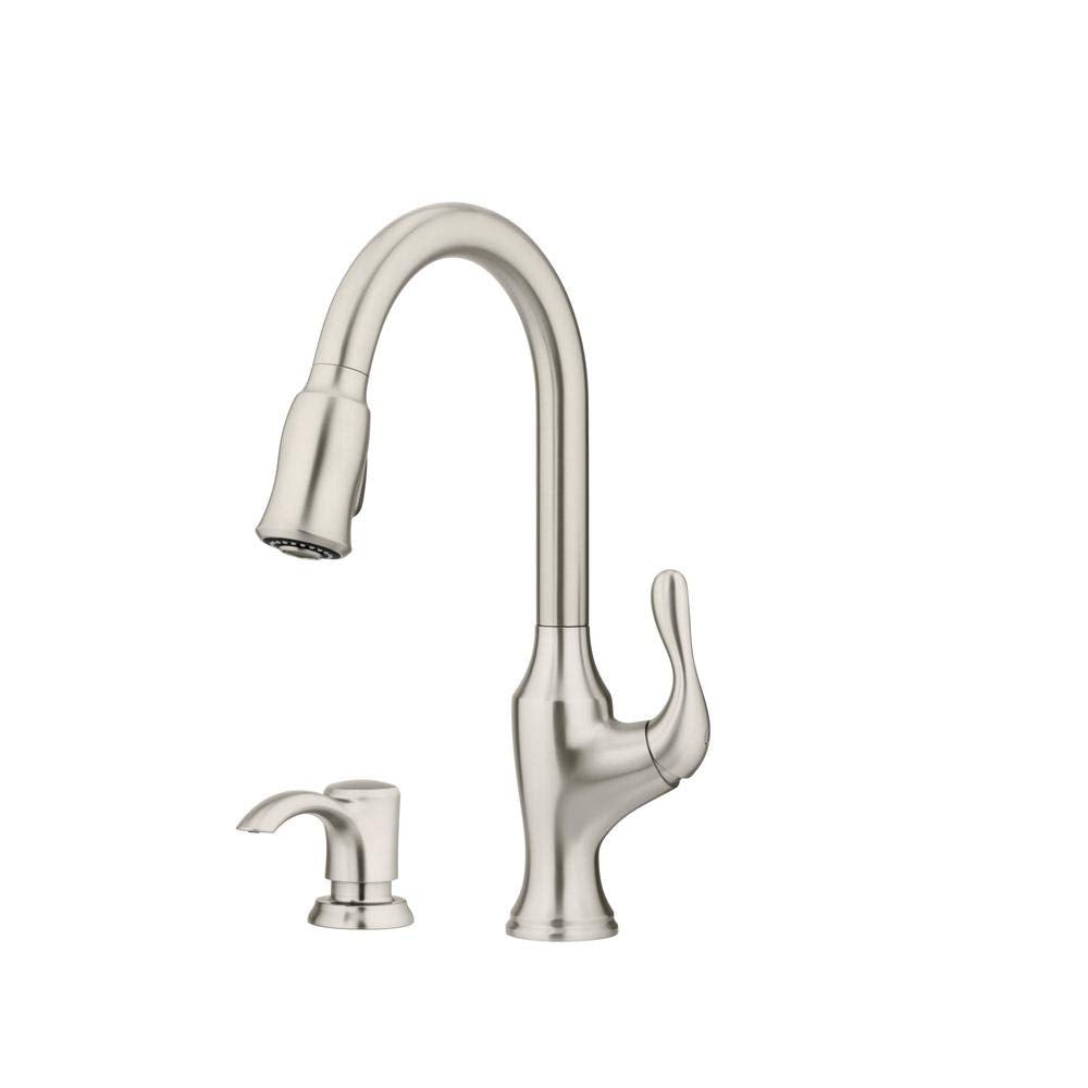 Pfister Deming Kitchen Faucet with Pull Down Sprayer and Soap Dispenser, Single Handle, High Arc, Spot Defense Stainless Steel Finish, F5297DMGS