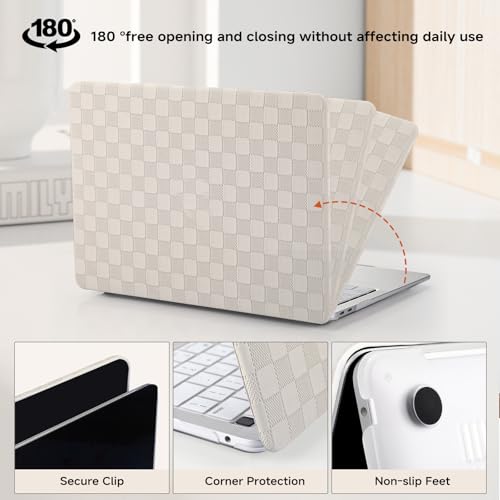 Compatible with MacBook Air 13 Inch 2022 2021-2018 M1 A2337 A2179 A1932, Checkered Textured Cream Leather Hard Shell Case Logo Cutout & Keyboard Cover for Mac Air 13, Beige