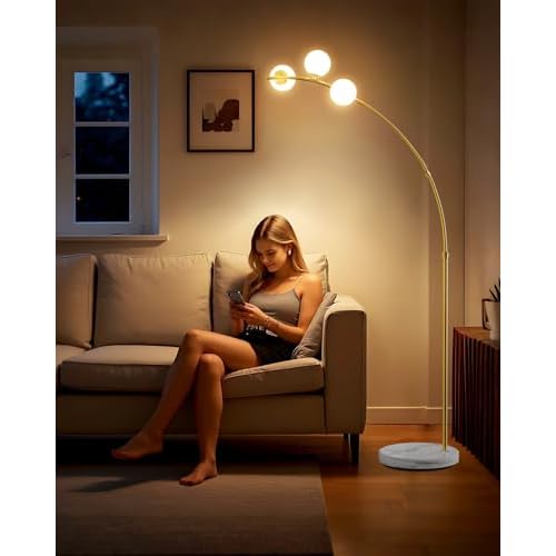 Lightdot 3 Globe Modern Floor Lamp for Living Room, Contemporary Gold Arc Floor Lamp with Shatterproof Shade and Bulbs Included£¬Mid Century Standing Lamp for Bedroom & Home Office