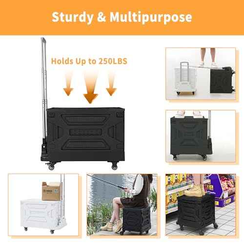 VECELO Foldable Shopping Cart with Wheels, Collapsible Rolling Crate for Groceries, Folding Storage Box with Handle, Three Modes of Use, Ideal for Teacher, Trip, Outdoors, Etc., 16GAL, White