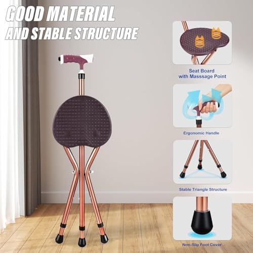 Adjustable Folding Cane with Seat Large Capacity Lightweight Crutch Chair Stool with LED Light and Retractable 3 Legs for Seniors Outdoor Travel Aids