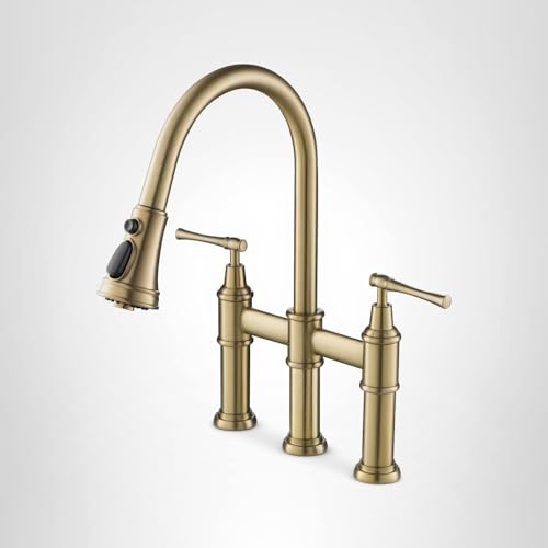 KRAUS Allyn Transitional Bridge Kitchen Faucet with Pull-Down Sprayhead in Brushed Gold, KPF-3121BG