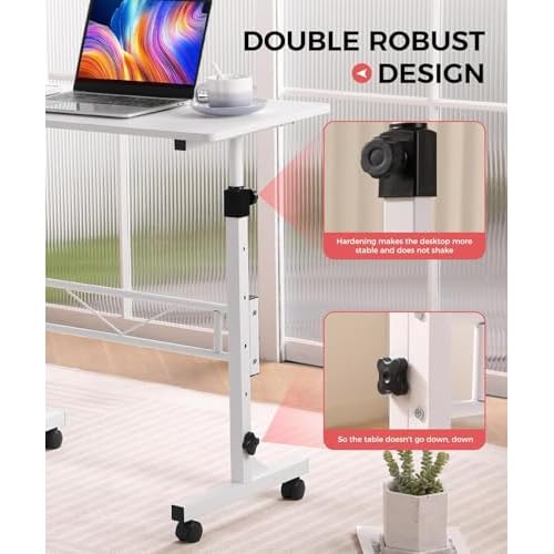 KLSMYHOKI Small Standing Desk with Wheels, Computer Desk Adjustable Height, White Rolling Stand Up Table, Portable Home Standing Desk 32 in X 16in Adjustable Height 27 in - 44 in